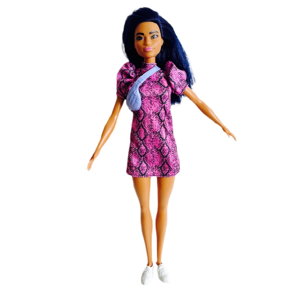 Barbie Fashionistas Doll 143, with Blue Hair and Pink and Black Dress